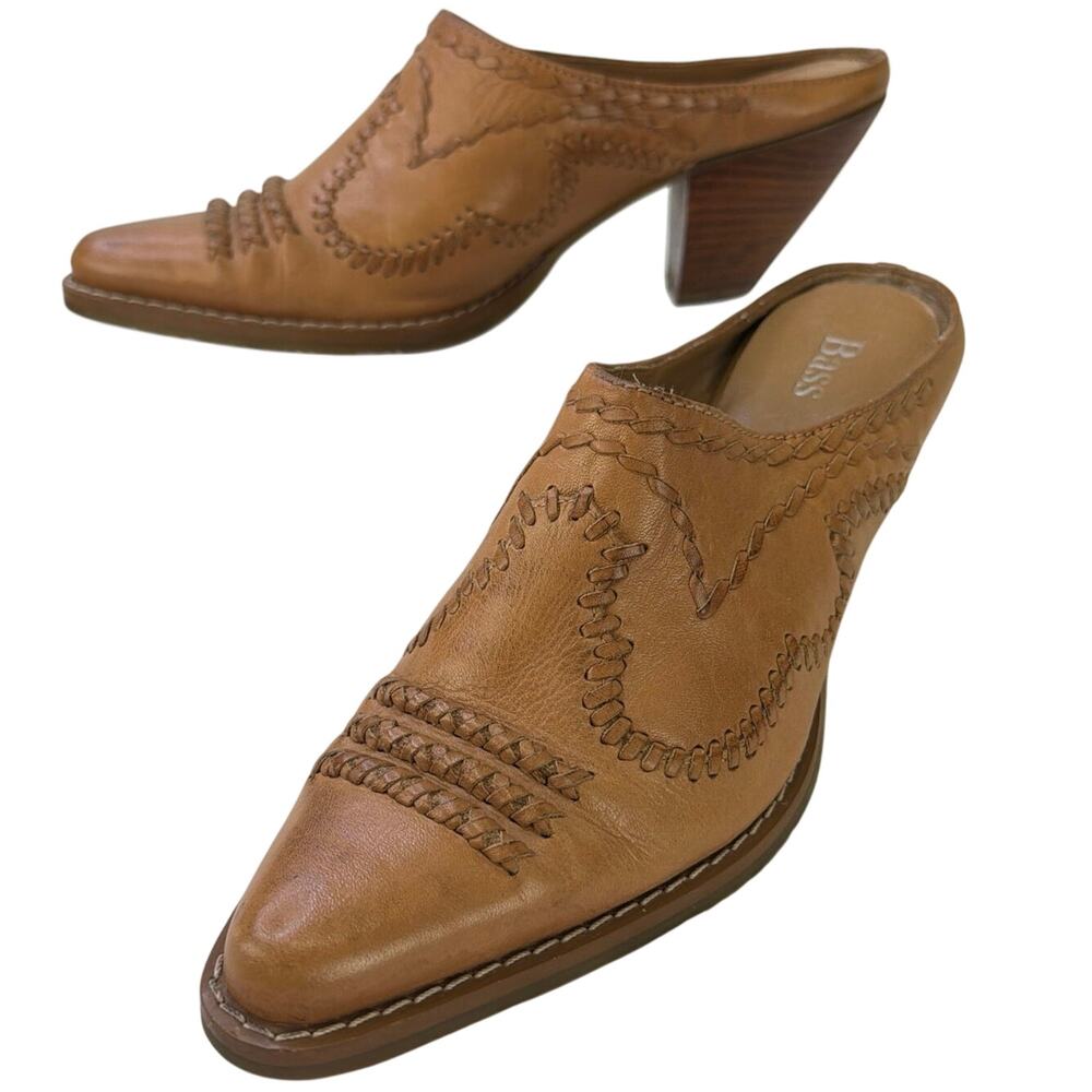 Bass Riata Vtg Women Leather Tan Western Stitching Mules  Stacked 2.5" Heel S 5